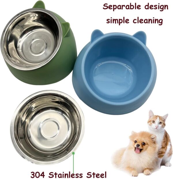 PINVNBY 2PCS Raised Cat Bowl Tilted 15° Slanted Elevated Bulldog Feeder Non-Spill Dog Kitten Food Dish Anti-Slip Detachable Pet Stainless Steel Slope Base for Small Pets Blue&Green - Image 4