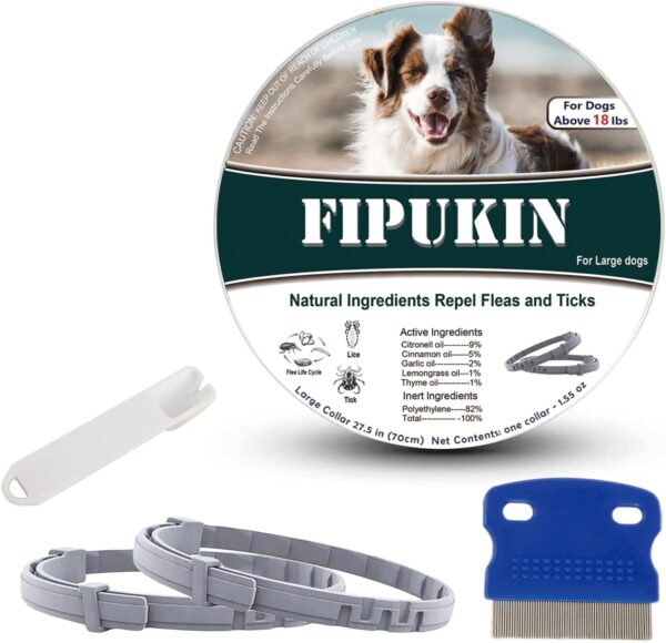 Natural Ingredients Flea Collar for Large Dogs, Safe and Effective Flea and Tick Collar, Waterproof, 8 Months Protection per Collar, Free Comb and Tick Removal Tool, 27.5 inchs, 2-Pack