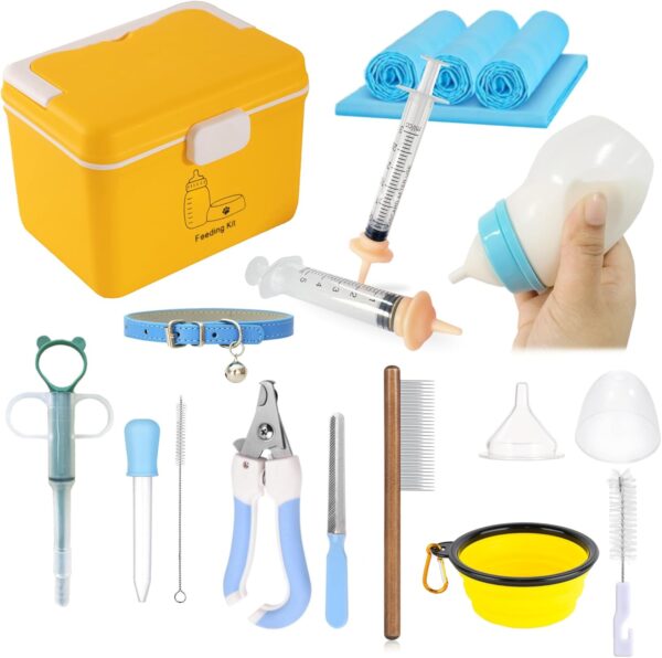 Nursing Kit for Newborn Puppy Kitten - 21 pcs Puppy Supplies Starter Kit for Newborn, accessories with Bottle, Feeding Bowls, Pill Plunger Popper, Nail Clipper, Brush, Gift for New Puppy and Kitten