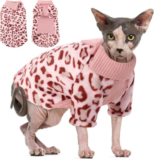 SUNFURA Leopard Print Sphynx Cat Sweater, Turtleneck Cat Sweaters for Cats Only, Kitten Winter Coat Fleece Pullover with Sleeves for Hairless Cats, Soft Stretchy Cat Pajamas Clothes, Pink M