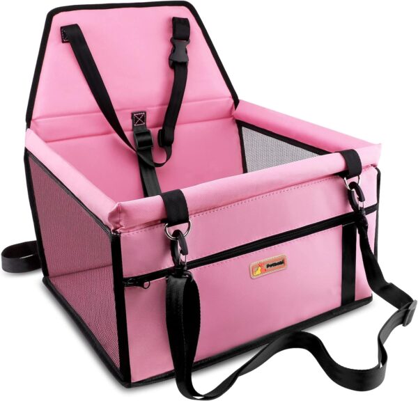 Petbobi Pet Reinforce Car Booster Seat for Dog Cat Portable and Breathable Bag with Seat Belt Dog Carrier Safety Stable for Travel Look Out,with Clip on Leash with PVC Tube, Pink