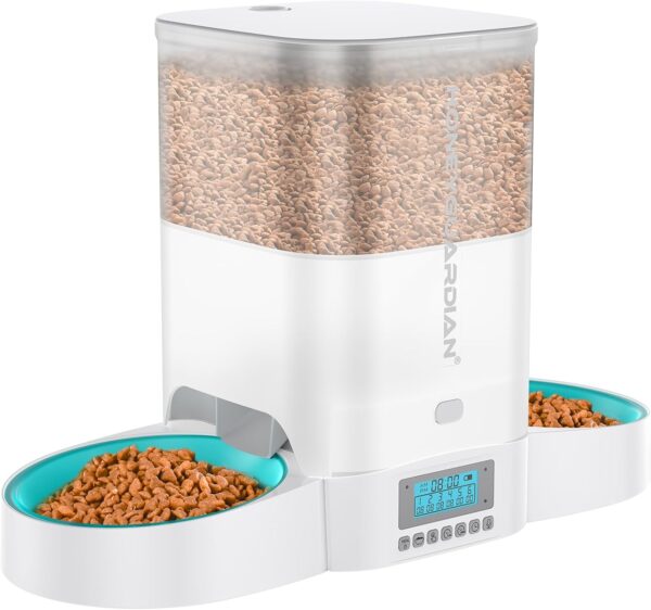 HoneyGuaridan Automatic Cat Feeder for Two Cats,3.5L Cat Food Dispenser with Slow Feeder Bowl,Timed Cat Feeder Programmable 1-6 Meals Control, Dual Power Supply,10s Meal Call White