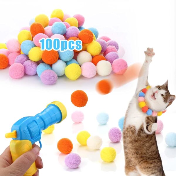 AIERSA Cat Toys Interactive for Indoor Cats,100pcs Pom Pom Balls with Launcher Set, Kitten Toys for Cats Self Play,Cute Cat Ball Toy for Cat Enrichment