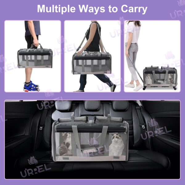 Double Compartment Pet Rolling Cat Carrier with Wheels - Large Capacity Soft-Sided Carriers for Cats and Puppies - Detachable Travel Carrier with Breathable Mesh Windows (Off-White) - Image 7