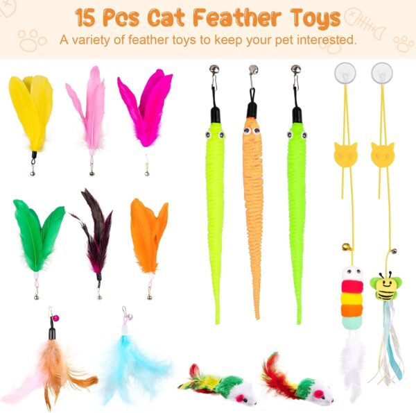 Depets Cat Wand Toy, 15 Pcs Interactive Cat Feather Toys, Cat Teaser Toy for Indoor Cats Self Play, 2 Play Modes Cat Toys Wand, Reusable Suction Cup Cat Toys for Indoor Cats Kittens Play Exercise - Image 4