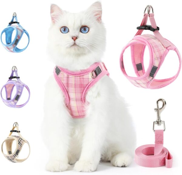 voopet Small Dog Harness and Leash Set Lightweight Cat Comfort Padded Soft Mesh Vest Step in dog harness No Pull No Choke Reflective Small Plaid Girl & Boy Puppy Kitty Harness, Pink XXS