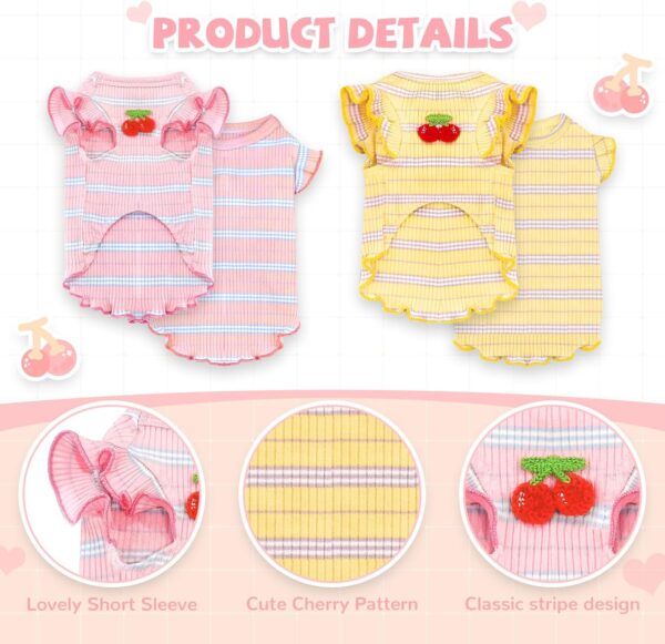 2 Pack Striped Small Dog T Shirt Cute Cherry Girl Dog Clothes for Small Dogs Cats Breathable Soft Cotton Pet Puppy Sleeveless Vest Spring Summer Doggy Outfits（Pink+Yellow,Medium） - Image 6