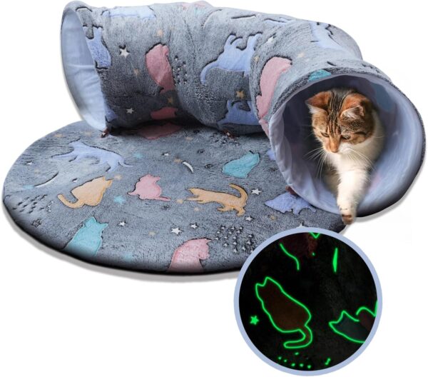 Cat Tunnel Bed,Self-Luminous Collapsible Peekaboo Cat Cave,Cat Tunnel Bed with Soft Central Cat Mat,Cat Toys for Indoor Cats,Ideal Indoor Cat Tunnels for Fun Play