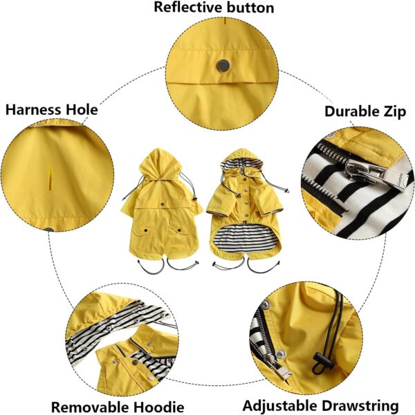 Morezi Dog Zip Up Dog Raincoat with Reflective Buttons, Rain/Water Resistant, Adjustable Drawstring, Removable Hood, Dog Raincoats with Legs 8lbs to 80lbs Available - Yellow - XL - Image 3