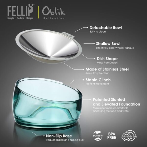 Felli Pet Oblik Anti Whisker Fatigue Cat Bowl Raised Stainless Steel Angled Wide Shallow Dish for Dry Wet Food, Vomit & Spill Proof Tilted Elevated Feeder Acrylic Base (0.5Cup, Classic) - Image 6