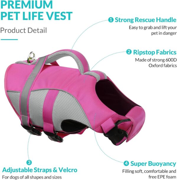 Queenmore Dog Life Vest for Swimming, Adjustable High Visibility Dog Life Jacket, Dog Lifesaver with Superior Buoyancy and Rescue Handle, Dog Swimming Safety Vest for Small Dogs（Pink,S） - Image 3