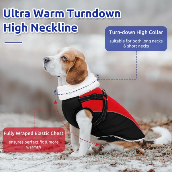 Queenmore Dog Coat, Extra Warm Winter Dog Jacket with Harness Bulid-in, Cold Weather Waterproof Dog Clothes for Large Medium Small Dogs, Fleece Lined Reflective Easy On Dog Snow Jacket,Red/Black S - Image 6