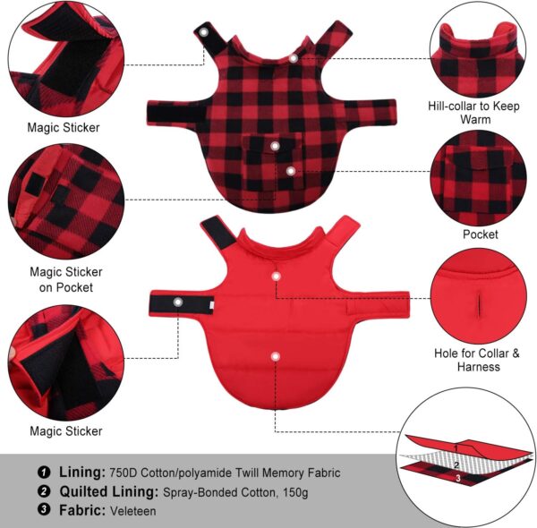 ASENKU Plaid Dog Winter Coat, Dog Fleece Jacket Plaid Reversible Dog Vest Waterproof Windproof Cold Weather Dog Clothes Pet Apparel for Small Medium Large Dogs Red M - Image 3