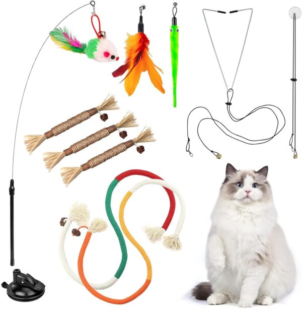 Interactive Cat Toys with Silvervine Cat Chew Toy Sets - Cat Toy for Indoor Cats Suction Cup Cat Wand Toy with Rope Cat Toys Door Hanging Kitten Toys, Detachable Feather/String/Mouse/Worm Cat Toys ﻿