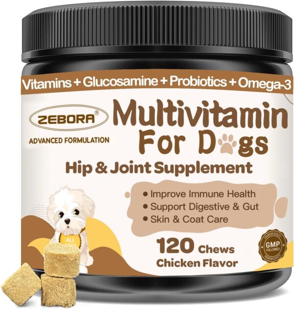 Dog Multivitamin Chewable with Minerals for Overall Health - Dog Vitamins and Supplements with Probiotics, Glucosamine, Chondroitin & Omega 3 for Immunity - Joint - Gut - Skin & Coat - 120 Chews