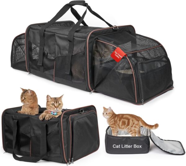 Cat Travel Carrier with Litter Boxes for 2 Cats, Double-Compartment Soft Pet Carrier, Expandable Portable Cat Carrier for Car Travel, up to 35 lb Road Trip, Camping, Hiking, Black