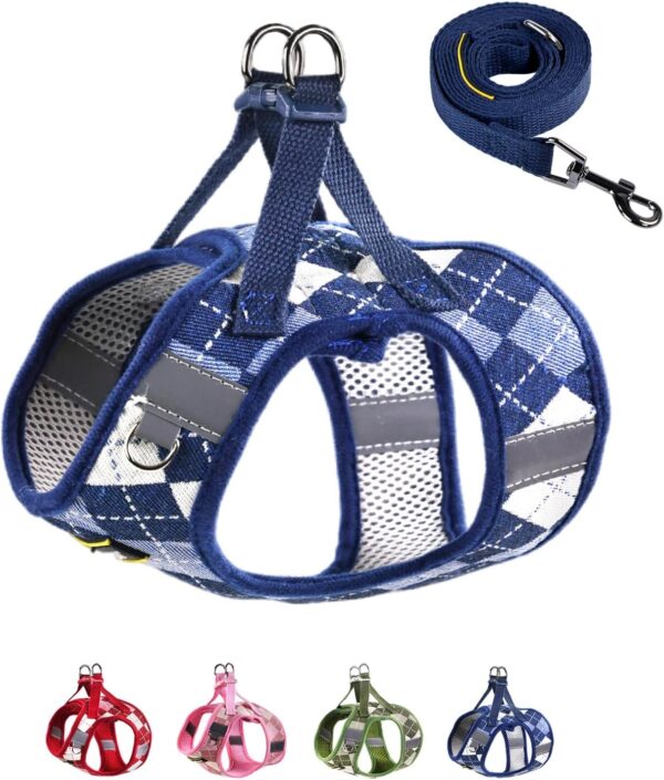 Dog Harness & Leash Set Adjustable for Small Medium Puppies, No Pull & Step in, Mesh Reflective Vest Harnesses for Walking Running Training, S Blue Checkered