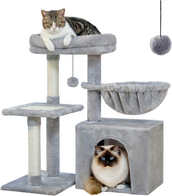 PEQULTI Small Cat Tree, [28.5''] Cat Tower for Indoor Cats, 2 Styles Cat Activity Tree with Cat Scratching Posts, Big Hammock and Removable Top Perch Grey