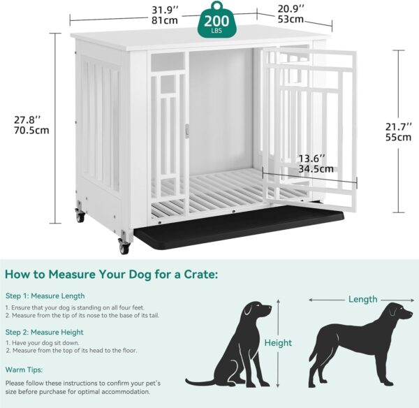 YITAHOME Dog Crate Furniture, 31.9" Heavy Duty Dog Cage, Wooden Side End Table with Wheels, Chew-Resistant Metal Dog Kennel with Removable Tray, Dog House Indoor for Small Medium Dogs, White - Image 6