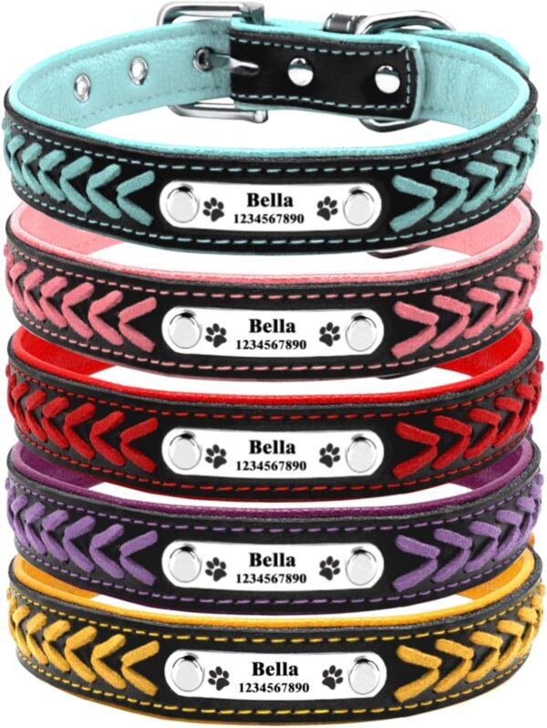 Personalized Dog Collars for Small Medium Large Dogs,Custom Dog Collar with Name Plate,Braided Leather Dog ID Collars, Option to Blue,Pink,Red,Purple,Yellow