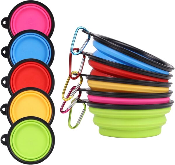 Collapsible Pet Bowls 5 Pack for Cats Dogs Outdoors Portable Feeding Watering Bowls for Traveling Hiking Walking Foldable Dishes with Carabiner (Red Pink Blue Green Yellow)