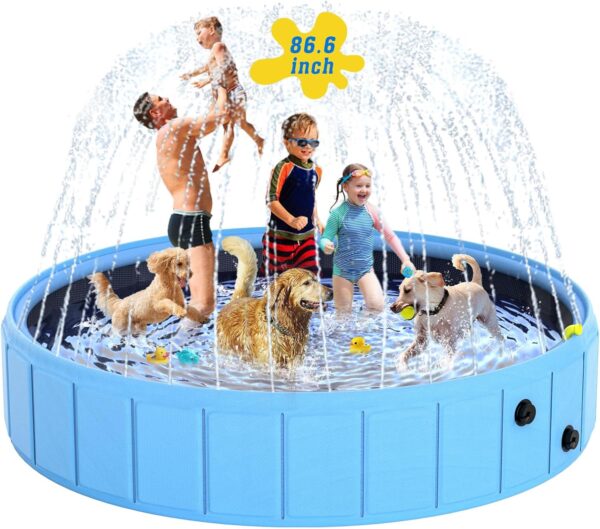 Foldable Dog Pool with Sprinkler, 86.6 in Extra Large Dog Swimming Pool, Outdoor Collapsible Pet Bathing Tub for Pets Dogs Cats and Kids (86.6" x 12",Blue)