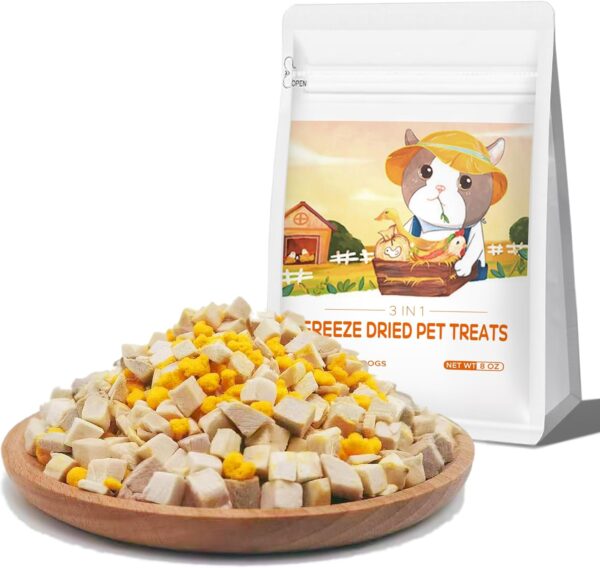 Freeze Dried Cat & Dog Treats – 8OZ Freeze Dried Chicken+Duck+Egg Yolk 3 in 1 Meat Snacks - High Protein, Bite-Sized, Training Treats Snacks (8 OZ)