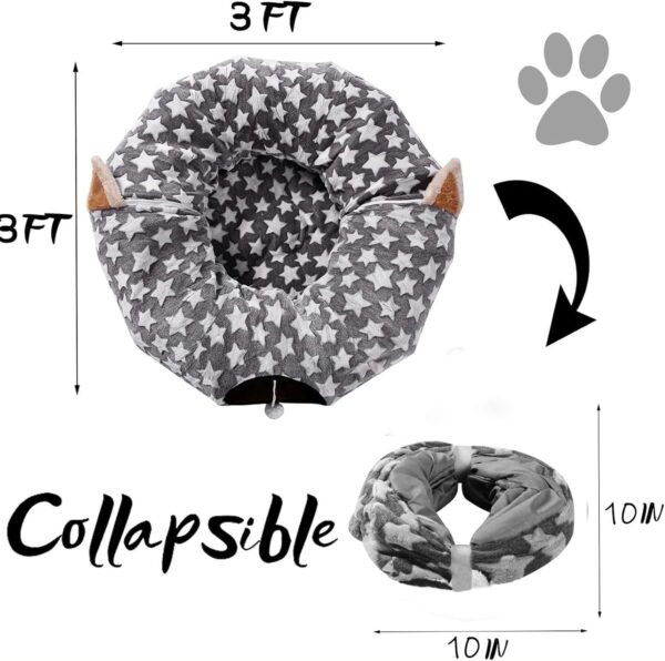 LUCKITTY Large Cat Tunnel Bed with Plush Cover,Fluffy Toy Balls, Small Cushion and Flexible Design- 10 inch Diameter, 3 ft Length- Great for Cats, and Small Dogs, Gray Star Pattern - Image 5