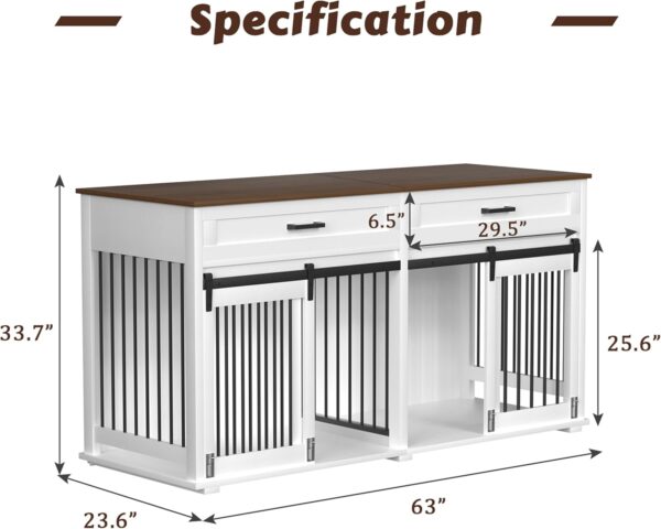 VEIKOU Dog Crate Furniture with 2 Storage Drawers, 2-in-1 Double Dog Kennel Furniture for Large Medium Small Dogs, Wooden Dog House Indoor with Removable Divider, Wide Tabletop for TV Stand, White - Image 3