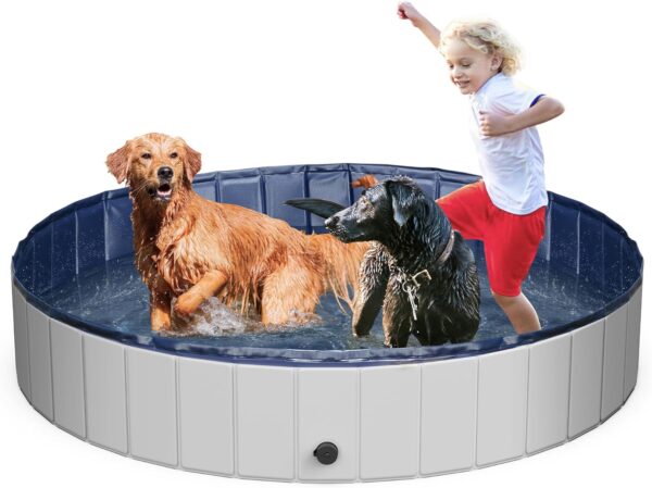 Foldable Dog Pool for Large Dogs, 63" Portable Kiddie Pool, Hard Plastic Swimming Pool & Bath Tub for Dogs & Kids, Indoor & Outdoor Pet Wading Pool