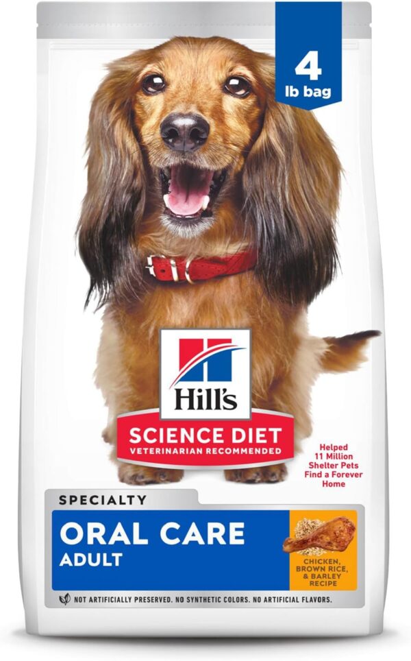 Hill's Science Diet Oral Care, Adult 1-6, Plaque & Tartar Buildup Support, Dry Dog Food, Chicken, Rice, & Barley, 4 lb Bag