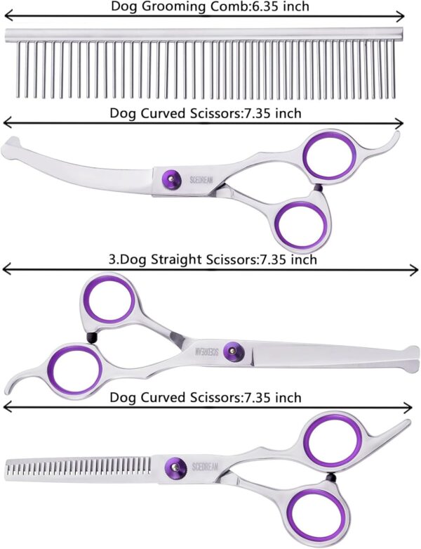 5 in 1 Dog Grooming Scissors Kit with Safety Round Tips Dog Scissors for Grooming 4CR Stainless Steel Grooming Scissors for Dogs and Cats, Professional Pet Grooming Shears, Purple - Image 2