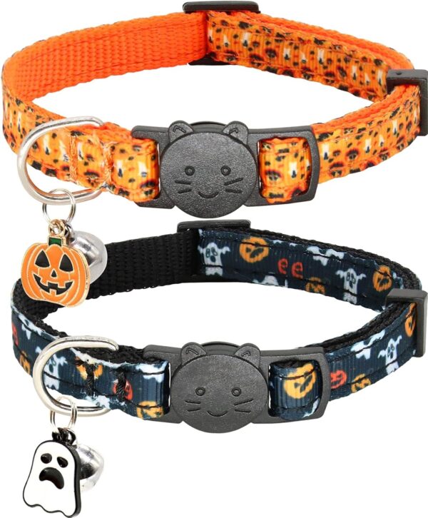 Halloween Cat Collar,2 Pack Breakaway Cat Collar with Bells,Pumpkin and Ghost Charm, Halloween Orange+Black