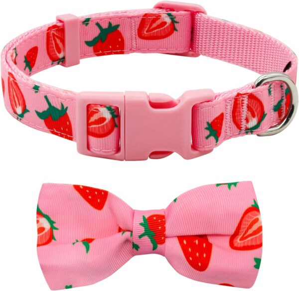 azuza Dog Collar Bow tie, Lovely Pink Strawberry Dog Collars with Bowtie for Extra Small Dogs