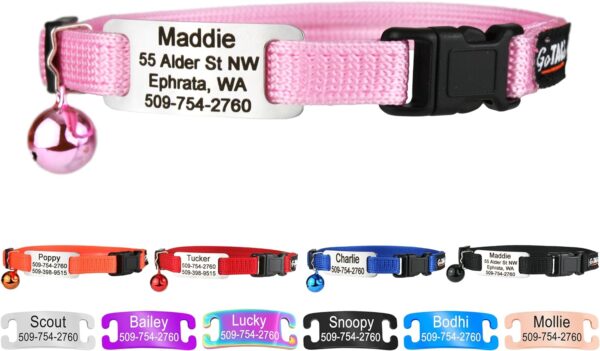 GoTags Personalized Cat Collars with Tag, Engraved Custom Cat Collar with Name and Phone, Breakaway Collar with Safety Buckle and Bell, Adjustable for Cats and Kitten (Pink with Nameplate)