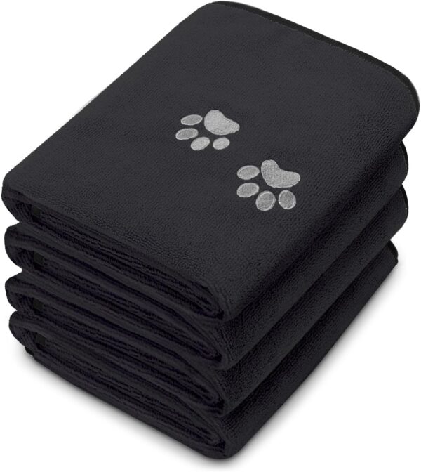 4 Pack Dog Towels for Drying Dogs Microfiber Dog Towel Soft Absorbent Pet Bath Towel Dog Drying Grooming Towel with Embroidered Paw for Pet Dog Cat Bathing Grooming (Black,35 x 20 Inch)