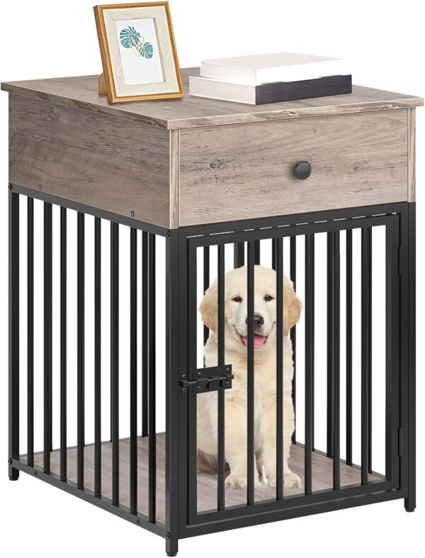 HOOBRO Dog Crate Furniture, Dog Crate Table, Decorative Dog Kennel with Drawer, Indoor Pet Crate End Table for Small Dog, Steel-Tube Dog Cage, Chew-Proof, Greige BG01GW03