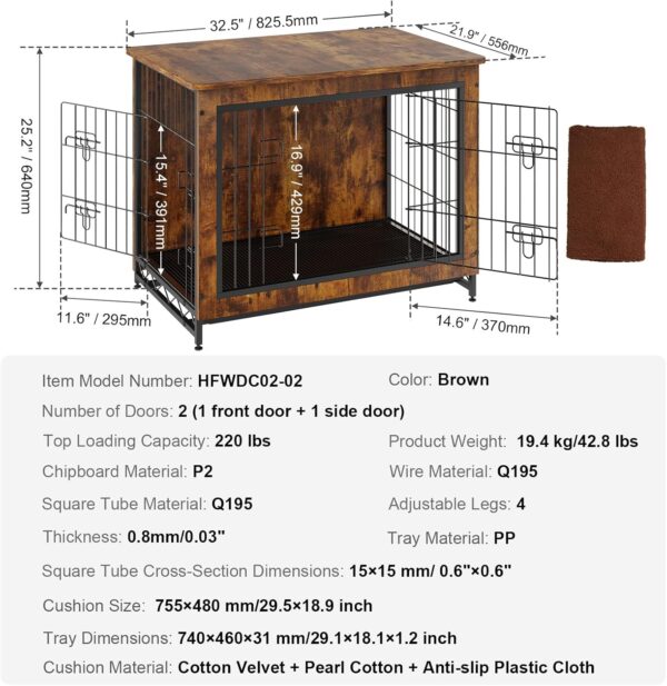 VEVOR Dog Crate Furniture, 32 inch Wooden Dog Crate with Double Doors, Heavy-Duty Dog Cage End Table with Multi-Purpose Removable Tray, Modern Dog Kennel Indoor for Dogs up to 45lb, Rustic Brown - Image 7