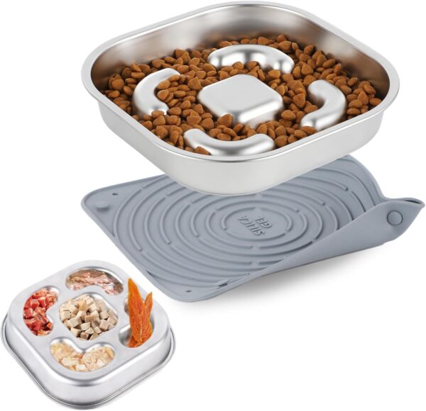 2-in-1 Slow Feeder Dog Bowls 304 Stainless Steel with Non-Slip Silicone Mat, 5 Cups Large Capacity Dual-Sided Dog Bowl, Metal Dog Slow Feeder Bowl for All Dog Sizes, for Dry, Wet, or Raw Food