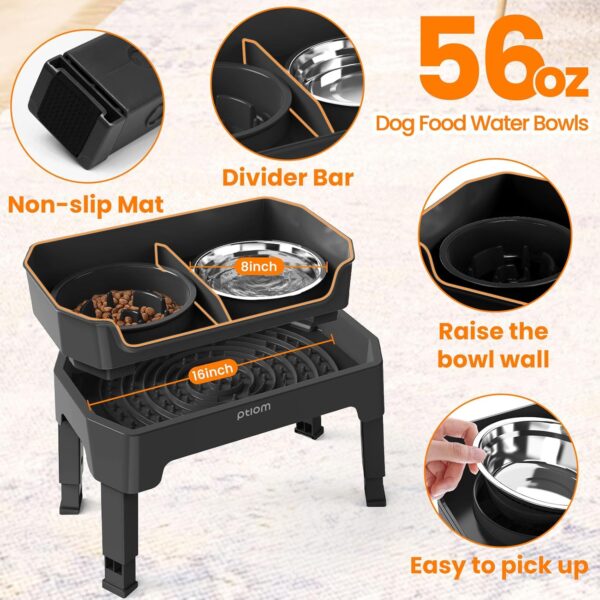 4-in-1 Elevated Slow Feeder Dog Bowls, 4 Height Adjustable Mess Proof Raised Dog Bowl Stand with Licking Plate, 2 Stainless Steel Dog Food Bowl & Slow Feeder for Large Medium Small Dogs Pets - Image 3