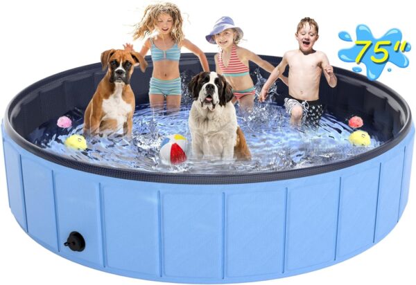 Large Foldable Dog Pool 75" x 16", Hyperzoo Oversize Collapsible Dog Pet Bathing Tub Portable Kiddie Pool Leakproof PVC Swimming Pool for Small Large Dogs Pets Kids Blue