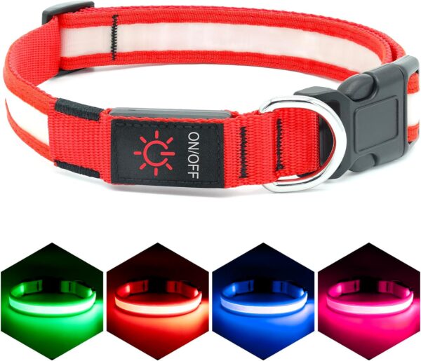 LED Dog Collar, Light Up Dog Collar Adjustable USB Rechargeable Super Bright Safety Light Glowing Collars for Dogs(Medium,Red)