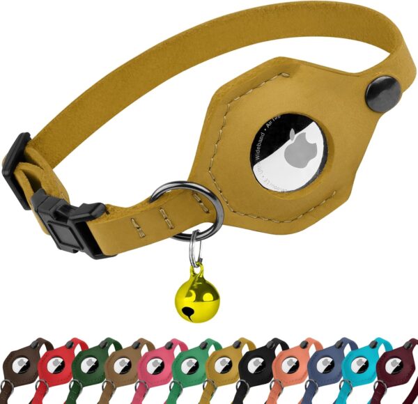 Breakaway Leather Airtag Cat Collar with Bell - Soft Pet Collar with Apple Air Tag Holder - Adjustable GPS Collars for Girl Boy Cats Kitten Puppy - Lightweight and Cute (Yellow)