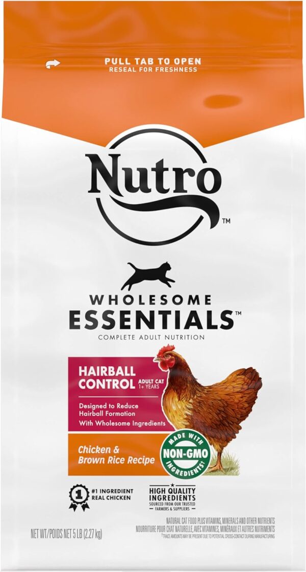 NUTRO WHOLESOME ESSENTIALS Natural Dry Cat Food, Hairball Control Adult Cat Chicken & Brown Rice Recipe Cat Kibble, 5 lb. Bag