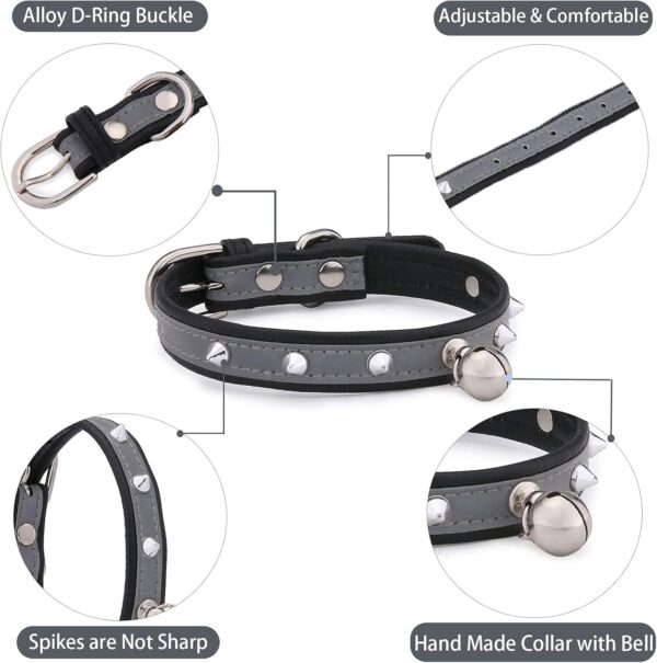 Cat Collar with Bell - Reflective and Adjustable PU Leather Rivets Studded Sturdy Metal Buckle for Kitten Small Pets Puppy - Black - Image 3