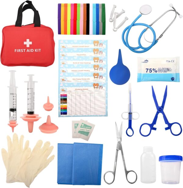 Newborn Puppy Kitten Whelping Kit for Birth Include 4 Puppy Feeding Tube, 6 Record Keeping Charts, 15 Puppy Whelping Collars, 15 Cord Clamps, Bulb Aspirator, Bottle, Stethoscope, Bag Etc