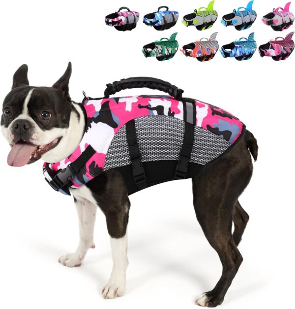 MIGOHI Dog Life Jacket, Camo Dog Life Vest with Rescue Handle for Swimming Boating Pool, High Visibility Dog Flotation Swimsuit Ripstop Doggy Lifesaver for Small Medium Large Dogs, Pink M