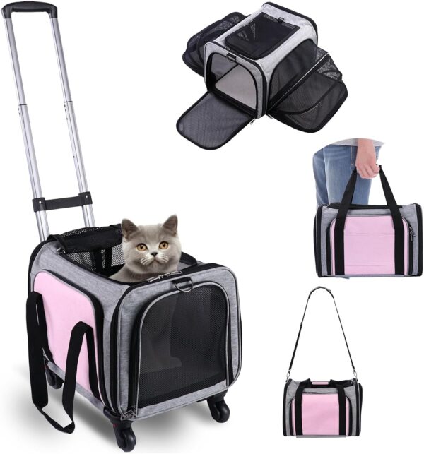 Pet Carrier Airline Approved on Wheels - Two Sided Expandable Cat Soft Carrier for Puppy and Cats Under 26lbs, Rolling Cat Carrier for Airplane, Camping, Outdoor