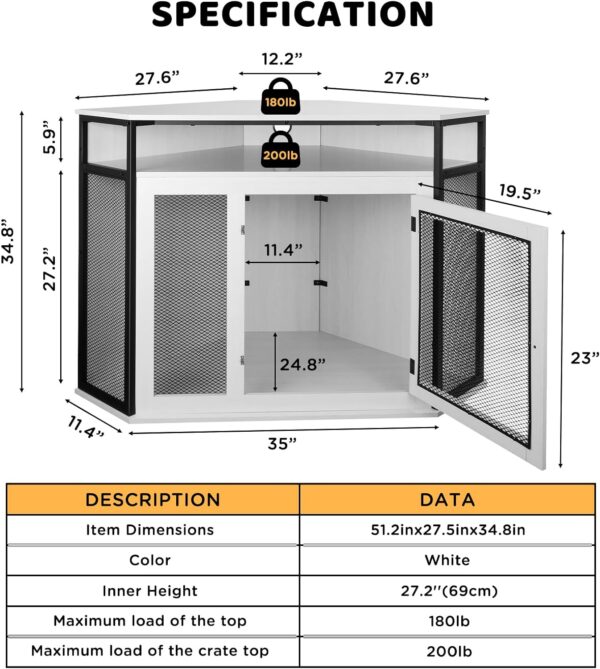 Corner Dog Crate Furniture with Storage, 51.3" Upgraded Modern Dog Cage, End Table, Indoor Pet Crate Small Medium Large Dogs, White, Perfect for Limited Room - Image 7