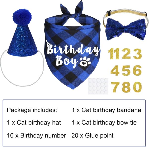 Cat Birthday Party Supplies, Plaid Cat Kitten Birthday Boy Bandanas with Cat Birthday Hat Cat Bow Tie Birthday Number for Cat Kitten Birthday Decorations - Image 3